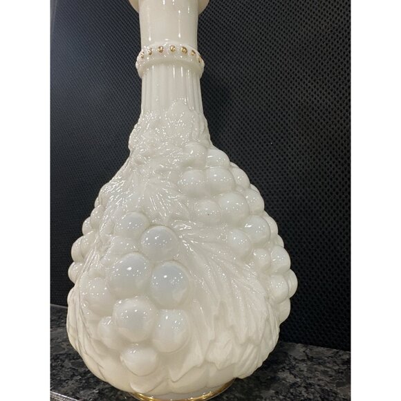 Vintage Grape Cluster Milk Glass Decanter With Gold Accents & Stopper - Picture 4 of 9